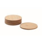 6 round bamboo coasters in a cotton bag wood colour third view