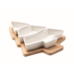 Bamboo tray and ceramic serving dishes in the shape of a tree white colour