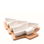 Bamboo tray and ceramic serving dishes in the shape of a tree white colour view with print area