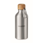 Small aluminium bottle with bamboo lid and carabiner, 400 ml matt silver colour main view