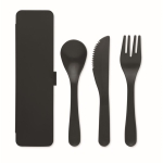 Reusable cutlery set with knife, fork and spoon in a case black colour third view