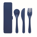 Reusable cutlery set with knife, fork and spoon in a case blue colour third view