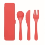 Reusable cutlery set with knife, fork and spoon in a case red colour third view