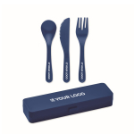 Reusable cutlery set with knife, fork and spoon in a case view with print area