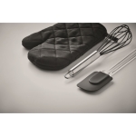 Baking set with glove, whisk and spatula black colour photographic view