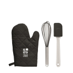 Baking set with glove, whisk and spatula view with print area