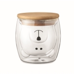 Glass cup with bear face design and bamboo lid, 260 ml transparent colour