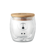 Glass cup with bear face design and bamboo lid, 260 ml transparent colour view with print area