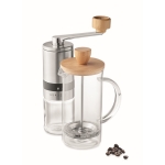 Set with glass and steel coffee pot and manual coffee grinder matt silver colour