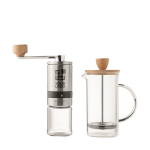 Set with glass and steel coffee pot and manual coffee grinder view with print area