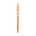 Roller pen with bamboo and chrome accessories, blue ink