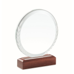 Round glass trophy engraved on a wooden base for awards wood colour second view