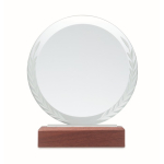 Round glass trophy engraved on a wooden base for awards wood colour