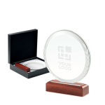 Round glass trophy engraved on a wooden base for awards wood colour view with print area