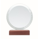 Round glass trophy engraved on a wooden base for awards second view