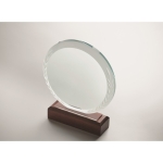 Round glass trophy engraved on a wooden base for awards fourth photographic view