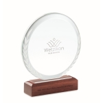 Round glass trophy engraved on a wooden base for awards main view