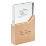 Glass trophy on a wooden base in an elegant gift box wood colour main view