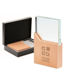 Glass trophy on a wooden base in an elegant gift box view with print area