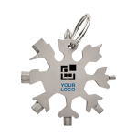 Snowflake-shaped, multifunctional tool made of stainless steel titanium colour view with print area