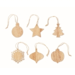 Wooden tree decoration set with jute cords, 6 pieces wood colour