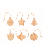 Wooden tree decoration set with jute cords, 6 pieces wood colour view with print area