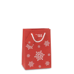 Small red gift bag with a white snowflake motif view with print area