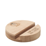 Round wooden smartphone stand mad with birch seeds view with print area