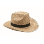 Natural straw cowboy style sun hat with polyester band black colour