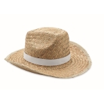 Natural straw cowboy style sun hat with polyester band white colour