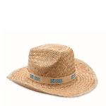 Natural straw cowboy style sun hat with polyester band view with print area