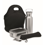 Set of bottle, lunch box, cutlery and carry bag for outdoors black colour