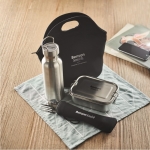 Set of bottle, lunch box, cutlery and carry bag for outdoors black colour main ambient view