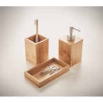 3-piece bamboo bathroom set with soap dispenser, cup and tray wood colour third photographic view