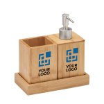 3-piece bamboo bathroom set with soap dispenser, cup and tray wood colour view with print area