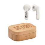 2 Bluetooth earphones TWS 5.0, 3hrs playback, bamboo case view with print area