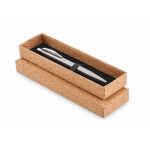 Metallic ballpoint pen with blue ink in a cork case as a gift matt silver colour