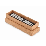 Metal ballpoint and rollerball pen set in a cork gift box matt silver colour