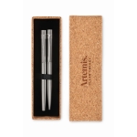 Metal ballpoint and rollerball pen set in a cork gift box matt silver colour second main view