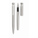 Metal ballpoint and rollerball pen set in a cork gift box matt silver colour fifth view