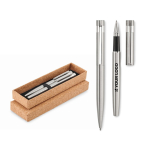 Metal ballpoint and rollerball pen set in a cork gift box view with print area