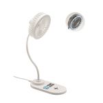 Table fan with LED light and wireless charging station white colour view with print area