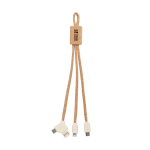 3-in-1 charging cable with cork trim and multiple connectors view with print area