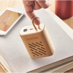 Compact bamboo portable 5.0 Bluetooth speaker with light wood colour third ambient view 2