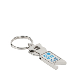 Metal shopping trolley coin keyring with bottle opener view with print area