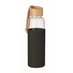 Glass drinking bottle, silicone cover, bamboo closure, 500 ml black colour