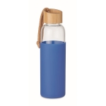 Glass drinking bottle, silicone cover, bamboo closure, 500 ml royal blue colour