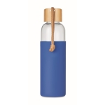 Glass drinking bottle, silicone cover, bamboo closure, 500 ml royal blue colour view with print area