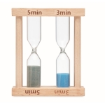 Hourglass with 2 different time displays, 3 and 5 minutes wood colour third view