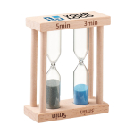 Hourglass with 2 different time displays, 3 and 5 minutes wood colour view with print area